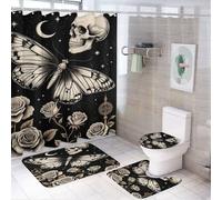 Tenda da doccia con motivo a farfalla misteriosa, luna, teschio, rosa e stelle, 4 pezzi, 72 x 72 cm, copriwater, tappetini antiscivolo e tappetino a U, set di decorazioni per il bagno con luna mistic