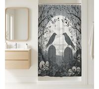 Tenda da doccia con motivo corvo, con teschio nero e bianco, decorazione per il bagno, stile gotico, moderno, minimalista, impermeabile, con ganci, 91 x 183 cm