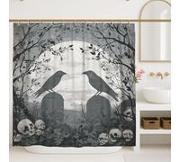 Tenda da doccia con motivo corvo, con teschio nero e bianco, decorazione per il bagno, stile gotico, moderno, minimalista, impermeabile, con ganci, 183 x 183 cm