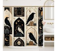 Tenda da doccia con motivo corvo, stile gotico bianco e nero, decorazione per il bagno, per Halloween, autunno, moderna, artistica, impermeabile, con ganci, 183 x 213 cm