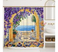 Tenda da doccia con motivo floreale vivace, decorazione per il bagno, stile mediterraneo estivo, impermeabile, con ganci, 183 x 183 cm
