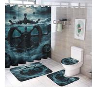 Tenda da doccia con motivo misterioso di nave, bussola, ca e onda, 4 pezzi, 72 x 72 cm, copriwater, tappetini antiscivolo e tappetino a U, set di decorazioni per il bagno con cielo azzurro mistico e