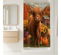 Tenda da doccia con mucca delle Highland, decorazione autunnale ispirata alla fattoria, set da bagno con girasoli e zucche, tenda in tessuto impermeabile in stile rustico rustico, 91 x 183 cm