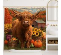 Tenda da doccia con mucca delle Highland, decorazione autunnale ispirata alla fattoria, set da bagno con girasoli e zucche, tenda in tessuto impermeabile in stile rustico rustico, 183 x 213 cm
