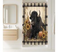 Tenda da doccia con mucca nera, decorazione autunnale con girasoli e zucche, accessorio da bagno rustico per la stagione autunnale, tessuto resistente all'acqua con ganci, 91 x 183 cm
