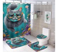 Tenda da doccia con occhialini da nuoto e castello di corallo, 4 pezzi, 72 x 72 cm, copriwater, tappetini antiscivolo e tappetino a U, set di decorazioni per il bagno con mistiche blu e 12 ganci