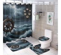 Tenda da doccia con orologio e bussola a forma di ruota e tempesta misteriosa, 4 pezzi, 72 x 72 cm, copriwater, tappetini antiscivolo e tappetino a forma di U, set di decorazioni per il bagno blu oce
