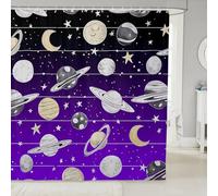 Tenda da doccia con pianeti cosmici e disegni di pianeti, tende decorative per il bagno per bambini, ragazzi e ragazze, stampa con stelle sognanti, colore nero e viola, con 12 ganci, 182,9 x 198,1 cm