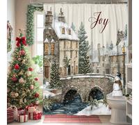 Tenda da doccia con pupazzo di neve, motivo natalizio invernale, cottage ponte, bianco, impermeabile, in tessuto stampato, decorazione per bagno, camera degli ospiti, 137 x 198 cm