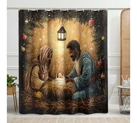 Tenda da doccia con scena del presepe, tenda da doccia marrone e oro per il bagno, decorazione natalizia, tenda da doccia moderna in tessuto impermeabile con ganci, 182 x 183 cm