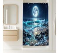Tenda da doccia con stalla luna, onde oceaniche realistiche costiere estive blu lavabile con ganci design stampa tende da bagno decorazione per bagno camera degli ospiti 91 x 183 cm