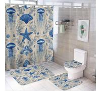 Tenda da doccia con , stelle marine, conchiglie e alghe, 4 pezzi, 72 x 72 cm, copriwater, tappetini antiscivolo e tappetino a U, set di decorazioni per il bagno blu con vita marina mistica e 12 ganci