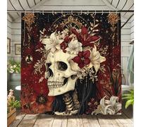 Tenda da doccia con teschio floreale, rosso scuro e oro, tenda da bagno per decorazione del bagno, tenda da doccia in tessuto impermeabile in stile bohémien, per autunno, Halloween, con ganci, 183 x