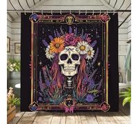 Tenda da doccia con teschio floreale, tenda da bagno con fiori colorati scuri per decorazione del bagno, tenda da doccia in tessuto impermeabile in stile bohémien per Halloween, autunno, con ganci