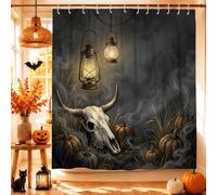 Tenda da doccia con teschio gotico e lanterna, decorazione per Halloween | Accenti di lanterne vintage, motivi rustici di zucche, texture nebbiosa nebbia, atmosfera gotica, decorazione per la casa