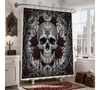 Tenda da doccia con teschio gotico e rose, 183 x 213 cm | Motivo floreale gotico, teschio romantico scuro, intricati dettagli damascati, accenti di rosa cremisi drammatici