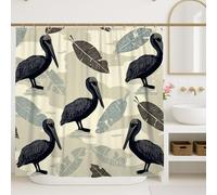 Tenda da doccia con uccelli costieri, decorazione da bagno con foglie tropicali nere e beige, tenda da doccia moderna in tessuto nautico estivo con ganci, 183 x 213 cm