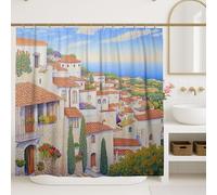 Tenda da doccia con villaggio mediterraneo, paesaggio costiero blu, decorazione per il bagno, motivo artistico primaverile ed estivo, tenda da doccia in tessuto impermeabile con ganci, 183 x 213 cm