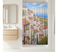 Tenda da doccia con villaggio mediterraneo, paesaggio costiero blu, decorazione per il bagno, motivo artistico primaverile estivo, tenda da doccia in tessuto impermeabile con ganci, 91 x 183 cm