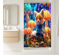 Tenda da doccia con volpe, fantasiosa creatura arancione in maglione accogliente, decorazione per bagno a tema foresta autunnale, vivace scena fantasy colorata, accessorio per la camera dei bambini