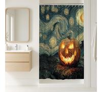 Tenda da doccia con zucca di Halloween, decorazione artistica per il bagno arancione Jack-O'-Lantern, design autunnale con cielo notturno fantasioso, tenda da doccia in tessuto impermeabile con ganci