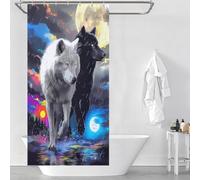 Tenda da doccia "Doppio lupo nella notte vivente", impermeabile, resistente alla muffa, con gancio, tessuto impermeabile, tenda da bagno, design moderno, 90 x 180 cm