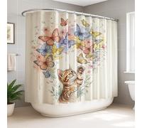 Tenda da doccia extra larga con farfalle, fantasiosa e giocosa con fiori e gatti primaverili, in tessuto color pastello, impermeabile, tenda decorativa per bagno e camera degli ospiti, 274 x 183 cm
