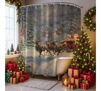 Tenda da doccia extra larga, motivo natalizio con renne, slitta natalizia rossa, impermeabile, in tessuto, per la casa, il bagno, decorazione per hotel, 274 x 183 cm