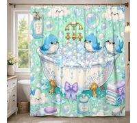 Tenda da doccia extra lunga con uccelli, fantasiosa e giocosa con bolle e nuvole primaverili turchesi, lavabile con ganci, tenda da doccia per casa, bagno, decorazione per hotel, 183 x 248 cm