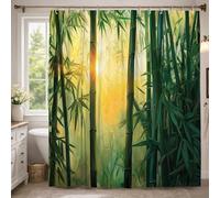 Tenda da doccia extra lunga in bambù, con foglie naturali zen e luce solare verde estiva, tessuto impermeabile, decorazione per bagno, camera degli ospiti, 183 x 240 cm