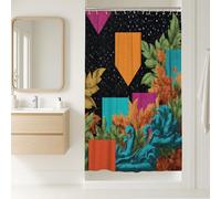 Tenda da doccia floreale colorata, elementi con foglie arancioni e blu, per arredamento estivo del bagno, design astratto moderno contemporaneo, tessuto impermeabile con ganci, 91 x 183 cm