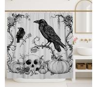 Tenda da doccia gotica con corvo, teschio bianco e nero, decorazione per il bagno di Halloween, tenda da doccia moderna in tessuto impermeabile con ganci, 183 x 213 cm