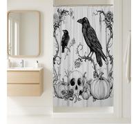 Tenda da doccia gotica con corvo, teschio bianco e nero, decorazione per il bagno di Halloween, tenda da doccia moderna in tessuto impermeabile con ganci, 91 x 183 cm