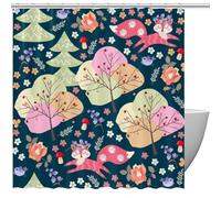 Tenda da doccia impermeabile con volpi e uccelli nella foresta con alberi, fiori e funghi, con 12 ganci per tenda, tenda da doccia per il bagno della fattoria, 182 x 182 cm