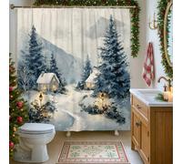 Tenda da doccia in stile cottage, con stampa di alberi di pino rustici e neve, colore blu, impermeabile, per bagno, casa, hotel, 152 x 183 cm