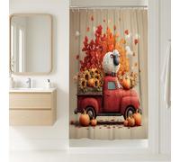 Tenda da doccia in stile fattoria, camion rosso rustico con pecore e zucche, decorazione autunnale, set da bagno per il raccolto autunnale, accogliente tenda da doccia in tessuto impermeabile