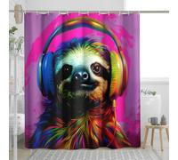 Tenda da doccia in tessuto a forma di bradipo divertente animale carino con cuffie estetiche colorate rosa caldo marrone decorazione in poliestere impermeabile lavabile in lavatrice hotel dormitorio