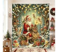 Tenda da doccia natalizia con Babbo Natale e fatine della foresta, 152 x | Fantasioso tema foresta, paesaggio boschivo innevato, accenti incantevoli delle fate, decorazione invernale per le vacanze
