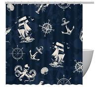 Tenda da doccia nautica a vela con ruota di bussola, polipo, aragosta, pesce spada, tenda da doccia per il tuo bagno, 167 x 182 cm, tenda da doccia con 10 ganci, perfetta per ogni decorazione del