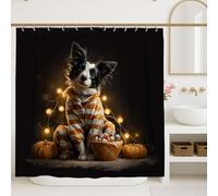 Tenda da doccia per cani di Halloween, Border Collie nero e arancione con zucche e luci, tessuto impermeabile con ganci, 183 x 183 cm