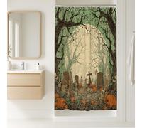 Tenda da doccia per Halloween, decorazione cimitero di zucca verde arancione spettrale, autunno autunno moderno rustico set da bagno con ganci 91,8 x 182,9 cm