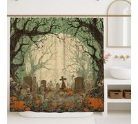 Tenda da doccia per Halloween, decorazione cimitero di zucca verde arancione spettrale, autunno autunno moderno rustico set da bagno con ganci, 183 x 213 cm