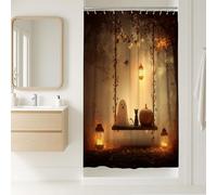 Tenda da doccia per Halloween, fantasma spettrale gatto zucca lanterna decorazione per il bagno, autunno autunno moderno rustico tenda da doccia in tessuto impermeabile con ganci 91 x 183 cm