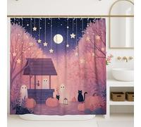 Tenda da doccia per Halloween, fantasmi spettrali e gatti nella foresta di zucche, decorazione per il bagno, tenda da doccia in tessuto impermeabile a tema autunno notte Halloween con ganci, 183 x 213