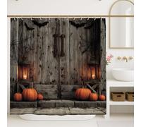 Tenda da doccia per Halloween, lanterna rustica in legno e zucche, decorazione per il bagno, tenda da doccia in tessuto impermeabile vintage autunnale con ganci, 183 x 183 cm