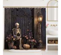 Tenda da doccia per Halloween, stile vintage scuro scheletro, lanterna floreale per il bagno, stile gotico autunnale, tenda da doccia impermeabile in tessuto con ganci, 183 x 183 cm