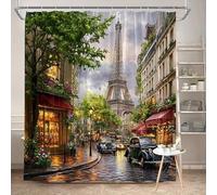 Tenda da doccia romantica con strada parigina - Torre Eiffel, auto d'epoca, tenda da doccia con strada di ciottoli per vasca da bagno, box doccia (165x214 cm/65x84 pollici (larghezza x altezza)