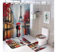 Tenda da doccia romantica con torre Eiffel, edifici, alberi e strada, 4 pezzi, 72 x 72 cm, copriwater, tappetini antiscivolo e tappetino a U, set di decorazioni per il bagno con ombrello colorato e l