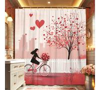 Tenda da doccia romantica, motivo pesca, cuore, albero e biciclette, per decorazione bagno, San Valentino, primavera, moderna, chic, tessuto impermeabile, con ganci, 157 x 183 cm