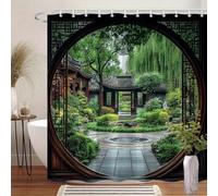 Tenda da doccia rotonda con cornice in stile giardino cinese - Design asiatico tranquillo con fontana in pietra, padiglione in legno e decorazioni per la casa e la spa (160x200 cm/63x79 pollici (LxA))